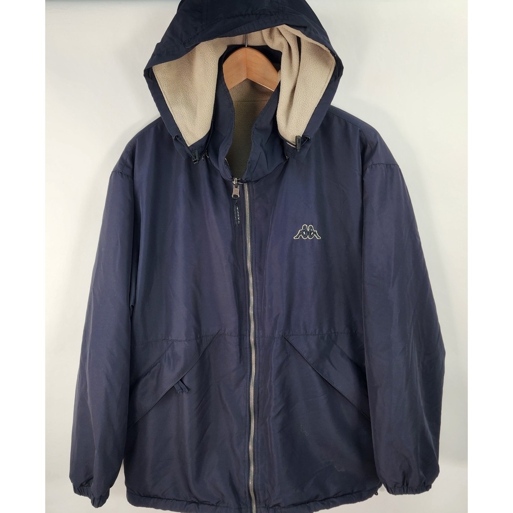 Vtg Kappa Jacket Men's S/M Navy Nylon Cream Reversible Fleece Hooded